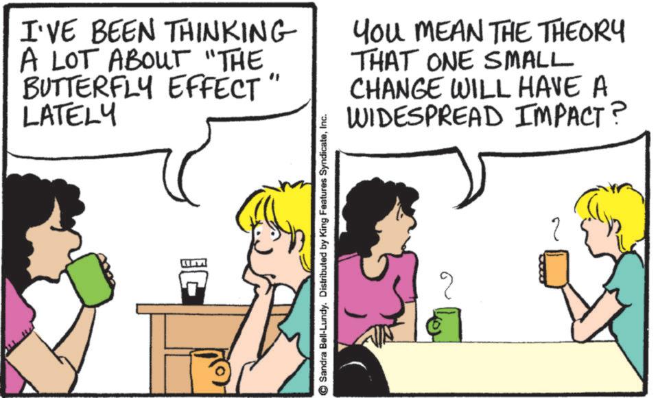 Animation OCR: I'VE BEEN THINKING A LOT ABOUT "THE BUTTERFLY EFFECT LATELY " Sandra Bell-Lundy. Distributed by King Features SyndicateInc. You MEAN THE THEORY THAT ONE SMALL CHANGE WILL HAVE A WIDESPREAD IMPACT? 2 I'VE BEEN THINKING A LOT ABOUT " THE BUTTERFLY EFFECT LATELY " Sandra Bell - Lundy . Distributed by King Features SyndicateInc. You MEAN THE THEORY THAT ONE SMALL CHANGE WILL HAVE A WIDESPREAD IMPACT ? 2