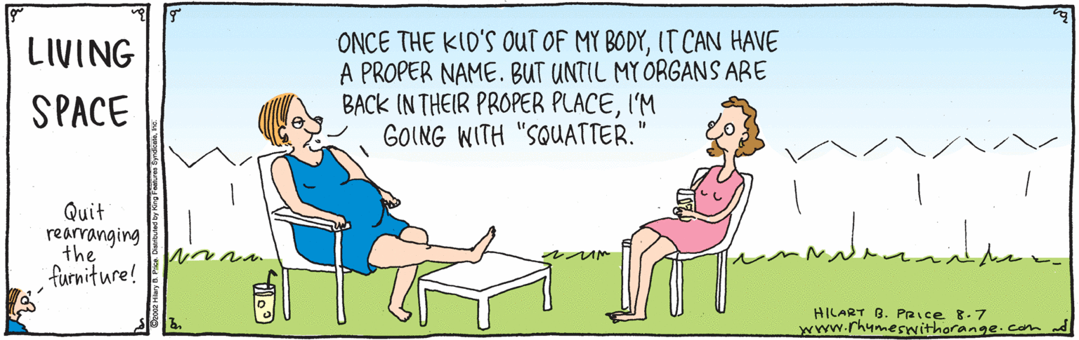 Illustration OCR: ONCE THE KID'S OUT OF MY BODYIT CAN HAVE A PROPER NAME. BUT UNTIL MY ORGANS ARE BACK IN THEIR PROPER PLACEI'M GOING WITH "SQUATTER." LIVING SPACE Quit rearranging the furniture! HILART B. Price 8.7 www.rhumeswithorange.cdm ONCE THE KID'S OUT OF MY BODYIT CAN HAVE A PROPER NAME. BUT UNTIL MY ORGANS ARE BACK IN THEIR PROPER PLACEI'M GOING WITH "SQUATTER." LIVING SPACE Quit rearranging the furniture! HILART B. Price 8.7 www.rhumeswithorange.cdm