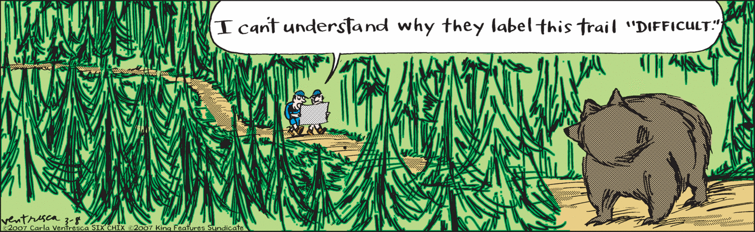 Drawing OCR: ventresca 3-8 "I can't understand why they label this trail Difficult." C2007 Carla Ventresca IX CHIX 2007 King Features Sundicateventresca 3-8 "I can't understand why they label this trail Difficult." C2007 Carla Ventresca IX CHIX 2007 King Features Sundicate