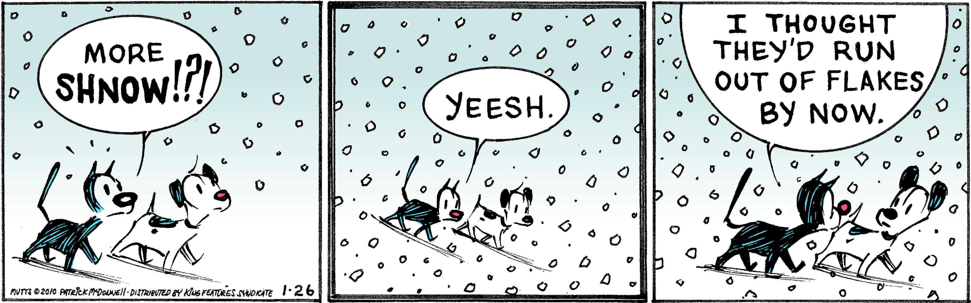 Illustration OCR: I THOUGHT THEY'D RUN OUT OF FLAKESBY NOW. MORE SHNOW!? YEESH. um o2010 ATRCK MADOcil- DISTRIGUTED BY Kius FEATORES SAorITE 1:26 I THOUGHT THEY'D RUN OUT OF FLAKESBY NOW. MORE SHNOW!? YEESH. um o2010 ATRCK MADOcil- DISTRIGUTED BY Kius FEATORES SAorITE 1:26