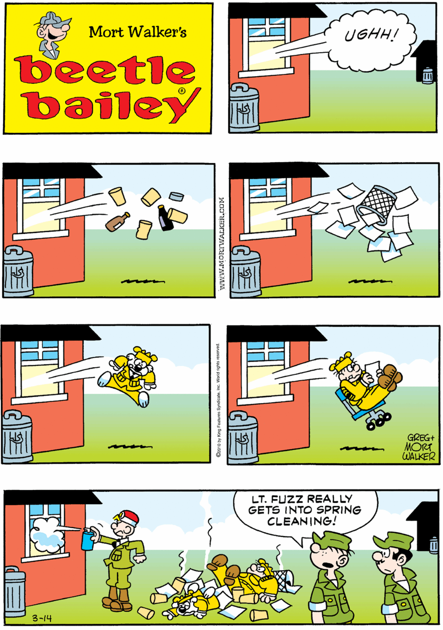 Animated cartoon OCR: Mort Walker's UGHH! beetle bailey mon LT. FUZZ REALLY GETS INTO SPRING CLEANING! GREG+ MORT WALKER 3-14 Da010 by King Fostures Syndicatunc World rights reserve www.MORTWALIKER.COM Mort Walker's UGHH! beetle bailey mon LT. FUZZ REALLY GETS INTO SPRING CLEANING! GREG+ MORT WALKER 3-14 Da010 by King Fostures Syndicatunc World rights reserve www.MORTWALIKER.COM