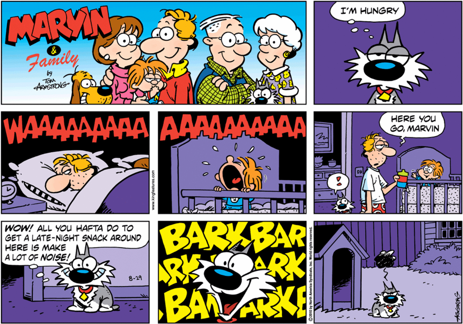 Illustration OCR: MARMIN I'M HUNGRY & Family by ARNSTRONG WAAAAAAAAA AAAAAAAAAA HERE YOU GOMARVIN WOW! ALL YoU HAFTA DO TO GET A LATE-NIGHT SNACK AROUND HERE IS MAKE AA A LOT OF NOISE! BARK BAR RARK BAN ARKE 8-29 ww.kingleatures.com MARMIN I'M HUNGRY & Family by ARNSTRONG WAAAAAAAAA AAAAAAAAAA HERE YOU GOMARVIN WOW! ALL YoU HAFTA DO TO GET A LATE-NIGHT SNACK AROUND HERE IS MAKE AA A LOT OF NOISE! BARK BAR RARK BAN ARKE 8-29 ww.kingleatures.com