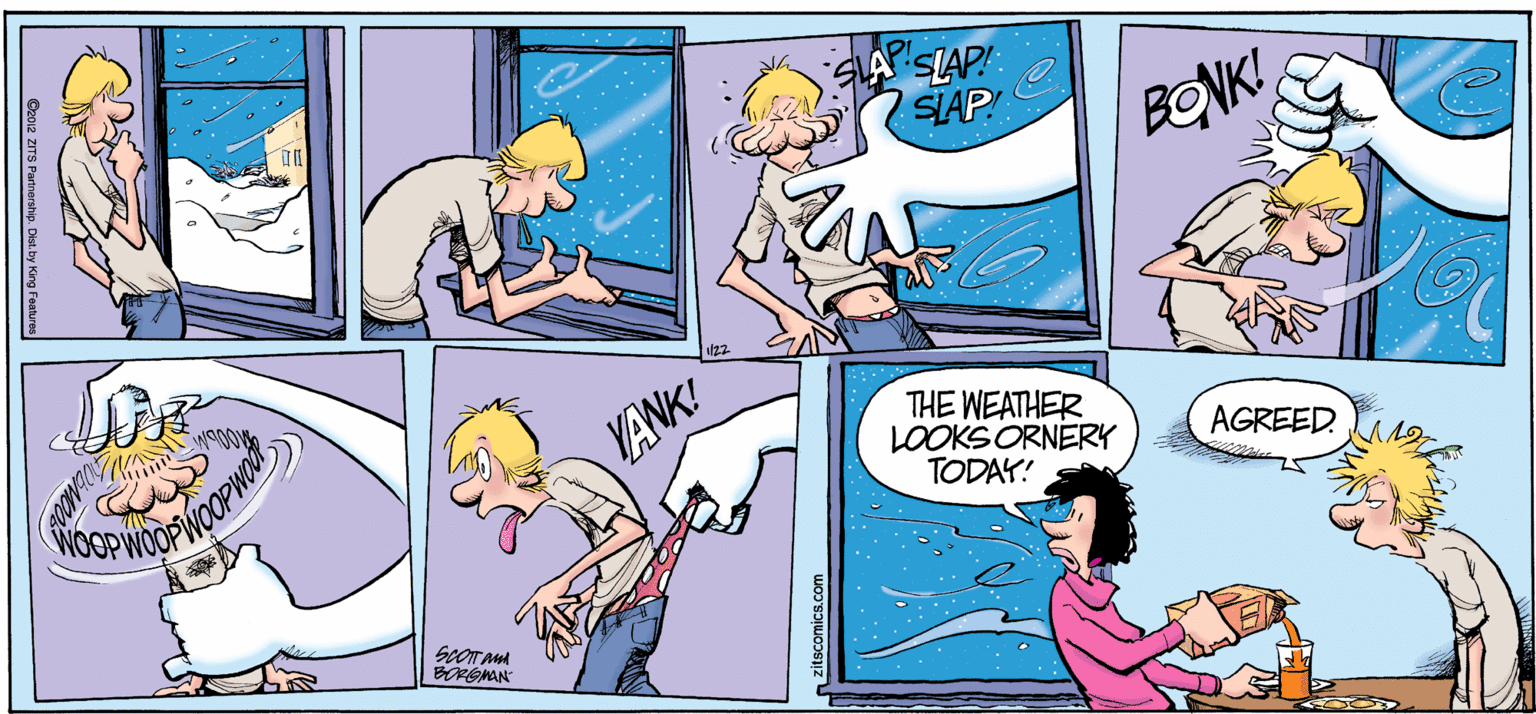 Conversation OCR: SLAP! SIAP! BONK! YANK! THE WEATHER LOOKSORNERY TODAY! WOSPWOOPWOOP AGREED C2012 ZITS Partnorship. Dist. by King Foehures zitscomica.com SLAP! SIAP! BONK! YANK! THE WEATHER LOOKSORNERY TODAY! WOSPWOOPWOOP AGREED C2012 ZITS Partnorship. Dist. by King Foehures zitscomica.com