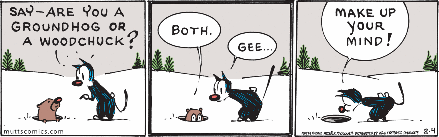 Grass OCR: SAY -ARE YoU A GROUNDHOG OR A WOODCHUCK? MAKE UP yoUR MIND! ????. GEE... muttscomics.com MUTa O2012 PTetKMDOUell DISTRPVTED EY KS FEATRES SoC 2.4 SAY -ARE YoU A GROUNDHOG OR A WOODCHUCK? MAKE UP yoUR MIND! ????. GEE... muttscomics.com MUTa O2012 PTetKMDOUell DISTRPVTED EY KS FEATRES SoC 2.4