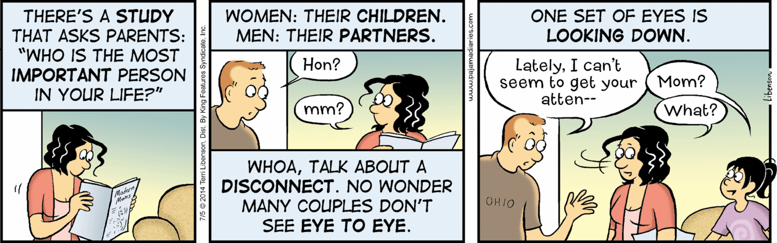 Interaction OCR: THERE'S A STUDY THAT ASKS PARENTS: "WHO IS THE MOST IMPORTANT PERSON IN YOUR LIFE?" WOMEN: THEIR CHILDREN. MEN: THEIR PARTNERS. ONE SET OF EYES IS LOOKING DOWN. LatelyI can't seem to get your atten-- Hon? Mom? mm? What? WHOATALK ABOUT A DISCONNECT. NO WONDER MANY COUPLES DON'T SEE EYE TO EYE. onDist. By King Features Sy THERE'S A STUDY THAT ASKS PARENTS: "WHO IS THE MOST IMPORTANT PERSON IN YOUR LIFE?" WOMEN: THEIR CHILDREN. MEN: THEIR PARTNERS. ONE SET OF EYES IS LOOKING DOWN. LatelyI can't seem to get your atten-- Hon? Mom? mm? What? WHOATALK ABOUT A DISCONNECT. NO WONDER MANY COUPLES DON'T SEE EYE TO EYE. onDist. By King Features Sy