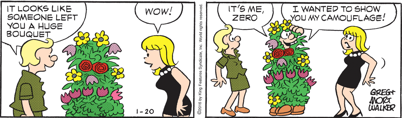 Human body OCR: IT'S MEIT LOOKS LIKE SOMEONE LEFT YOU A HUGE BOUQUET I WANTED TO SHOW YOU MY CAMOUFLAGE! Wow! ZERO GREG+ MORT WALKER 1- 20 IT'S MEIT LOOKS LIKE SOMEONE LEFT YOU A HUGE BOUQUET I WANTED TO SHOW YOU MY CAMOUFLAGE! Wow! ZERO GREG+ MORT WALKER 1- 20