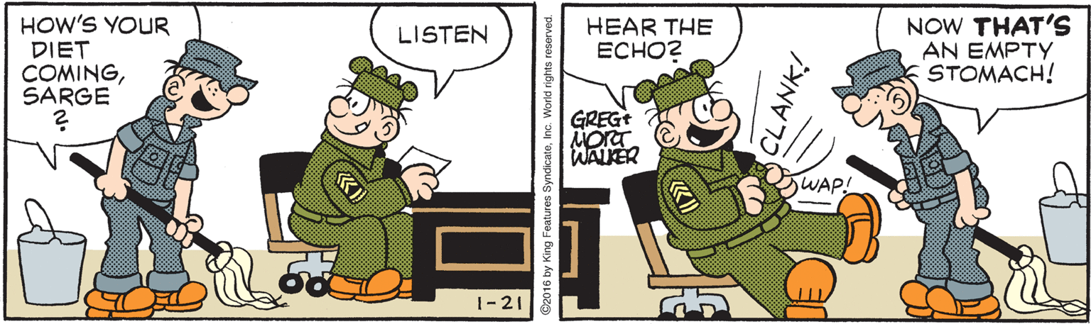 Graphics OCR: HOW'S YOUR ?ET COMINGSARGE NOW THAT'S AN EMPTY STOMACH! HEAR THE ECHO? LISTEN GREG+ WALKER sWAP! 1-21 ©2016 by King Features SyndicateInc. World rights re HOW'S YOUR ? ET COMINGSARGE NOW THAT'S AN EMPTY STOMACH! HEAR THE ECHO? LISTEN GREG+ WALKER sWAP! 1-21 ©2016 by King Features SyndicateInc. World rights re