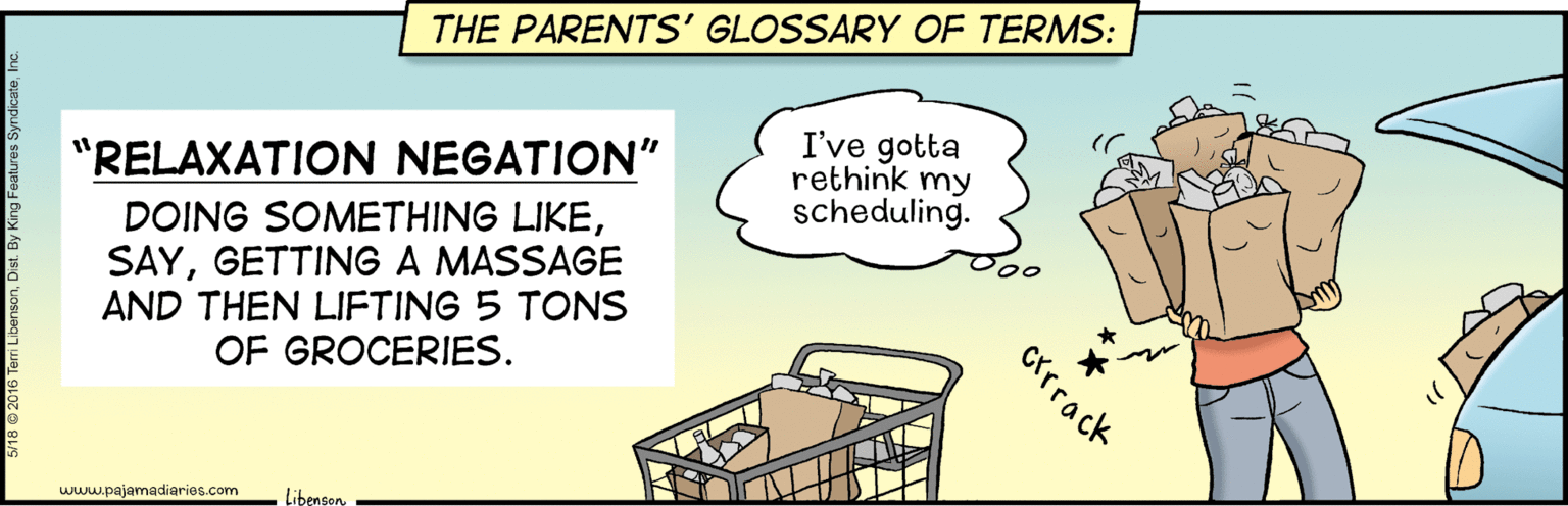 Transport OCR: THE PARENTS' GLOSSARY OF TERMS: I've gotta rethink my scheduling. "RELAXATION NEGATION" DOING SOMETHING LIKEGETTING A MASSAGE AND THEN LIFTING 5 TONS OF GROCERIES. www.pajamadiaries.com Libensoncrrrack THE PARENTS' GLOSSARY OF TERMS: I've gotta rethink my scheduling. "RELAXATION NEGATION" DOING SOMETHING LIKEGETTING A MASSAGE AND THEN LIFTING 5 TONS OF GROCERIES. www.pajamadiaries.com Libenson