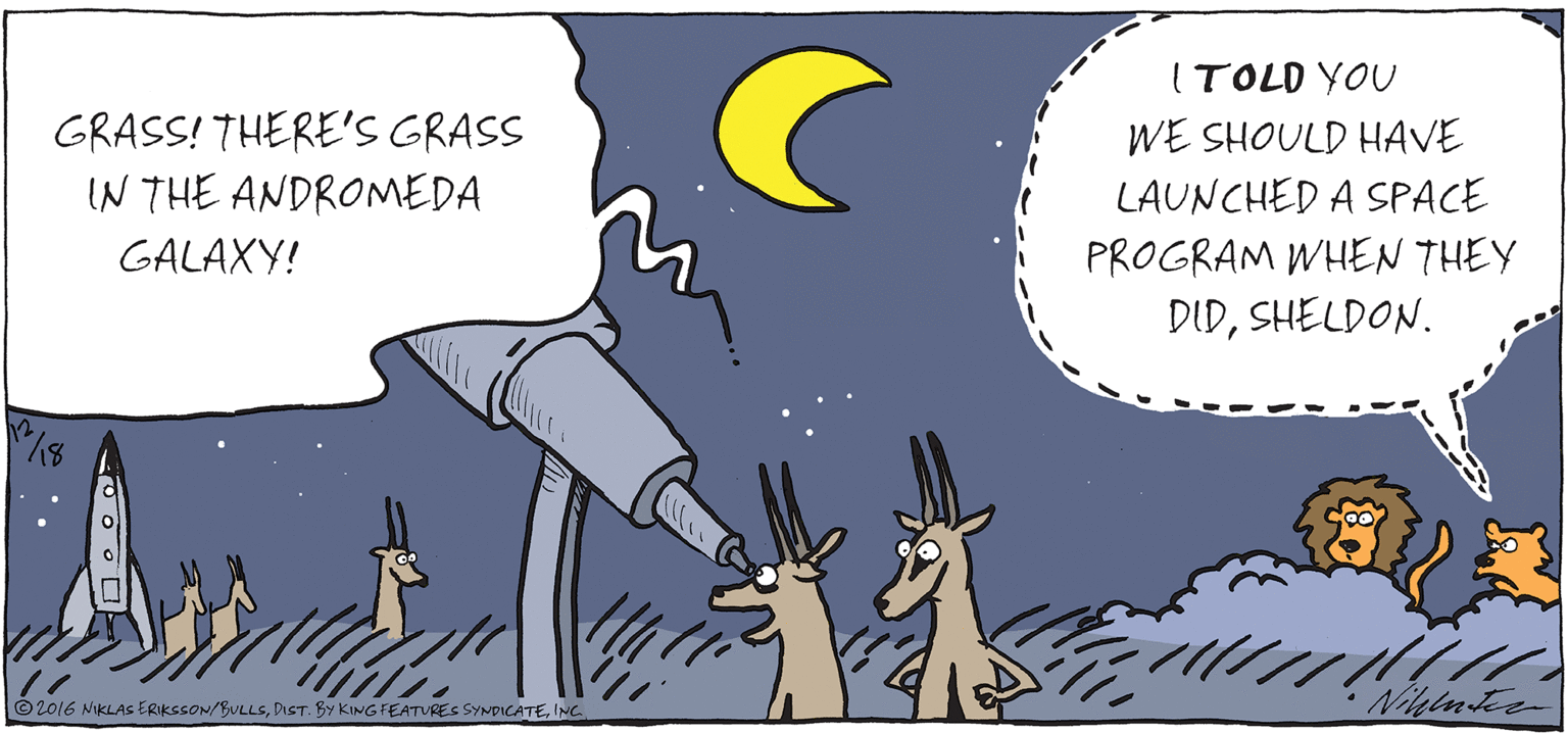 Crescent OCR: ITOLD YOU GRASS! THERE'S GRASS IN THE ANDROMEDA WE SHOULD HAVE LAUNCHED A SPACE GALAXY! PROGRAM WHEN THEY DIDSHELDON. O 2016 NIKLAS ERIKSSON/BULLSINC. ITOLD YOU GRASS! THERE'S GRASS IN THE ANDROMEDA WE SHOULD HAVE LAUNCHED A SPACE GALAXY! PROGRAM WHEN THEY DIDSHELDON. O 2016 NIKLAS ERIKSSON/BULLSDIST. BY KINGFEATURES SYNDICATE