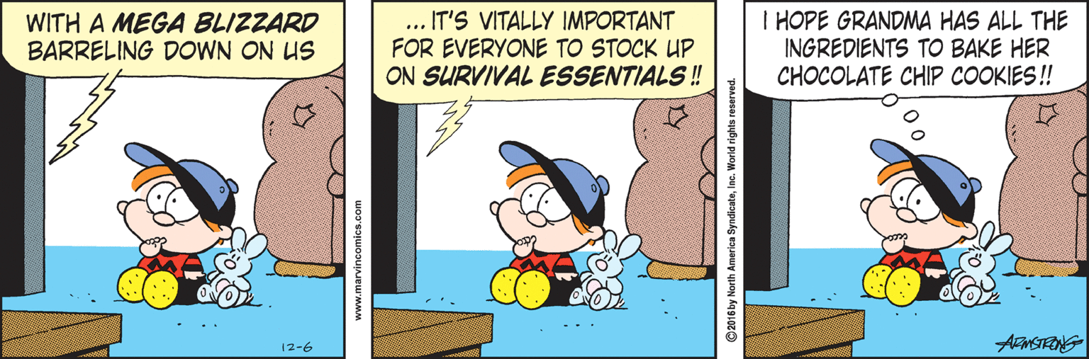 Pleased OCR: WITH A MEGA BLIZZARD BARRELING DOWN ON US ... IT'S VITALLY IMPORTANT FOR EVERYONE TO STOCK UP ON SURVIVAL ESSENTIALS! I HOPE GRANDMA HAS ALL THE INGREDIENTS TO BAKE HER CHOCOLATE CHIP COOKIES! ArNSTEONG 12-6 www.marvincomics.com ©2016by North America SyndicateInc. World rights reserve WITH A MEGA BLIZZARD BARRELING DOWN ON US ... IT'S VITALLY IMPORTANT FOR EVERYONE TO STOCK UP ON SURVIVAL ESSENTIALS! I HOPE GRANDMA HAS ALL THE INGREDIENTS TO BAKE HER CHOCOLATE CHIP COOKIES! ArNSTEONG 12-6 www.marvincomics.com ©2016by North America SyndicateInc. World rights reserve
