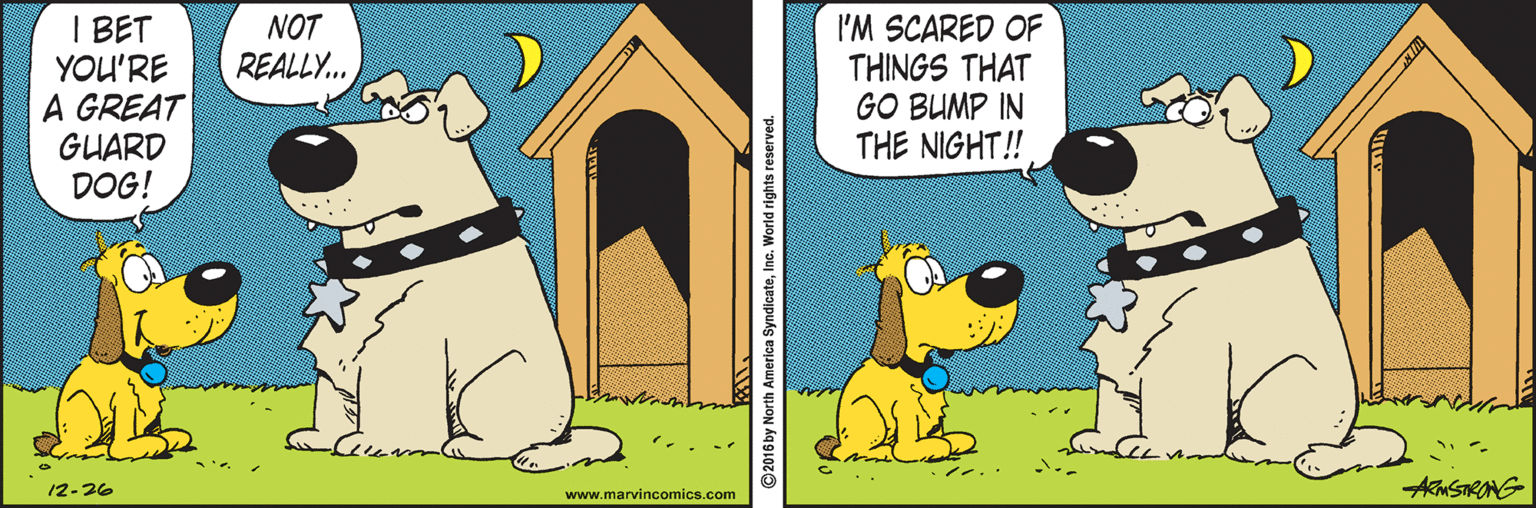Drawing OCR: I BET YOU'RE A GREAT GUARD DOG! NOT REALLY.. I'M SCARED OF THINGS THAT GO BUMP IN THE NIGHT! 12-26 www.marvincomics.com ©2016 by North America SyndicateInc. World rights reserved. I BET YOU'RE A GREAT GUARD DOG! NOT REALLY.. I'M SCARED OF THINGS THAT GO BUMP IN THE NIGHT! 12-26 www.marvincomics.com ©2016 by North America SyndicateInc. World rights reserved.