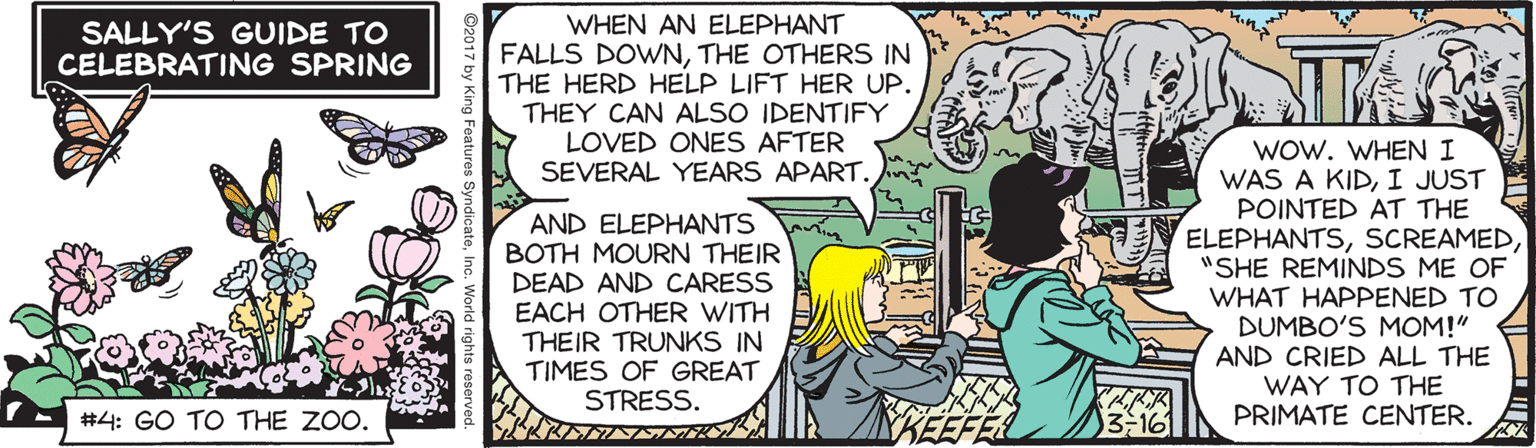 Fictional character OCR: WHEN AN ELEPHANT FALLS DOWNTHE OTHERS IN THE HERD HELP LIFT HER UP. THEY CAN ALSO IDENTIFY LOVED ONES AFTER SEVERAL YEARS APART. SALLY'S GUIDE TO CELEBRATING SPRING AND ELEPHANTS BOTH MOURN THEIR DEAD AND CARESS EACH OTHER WITH THEIR TRUNKS IN TIMES OF GREAT STRESS. WOW. WHEN I WAS A KIDI JUST POINTED AT THE ELEPHANTS"SHE REMINDS ME OF WHAT HAPPENED TO DUMBO'S MOM!" AND CRIED ALL THE WAY TO THE PRIMATE CENTER. #4: GO TO THE ZOO. WHEN AN ELEPHANT FALLS DOWNTHE OTHERS IN THE HERD HELP LIFT HER UP. THEY CAN ALSO IDENTIFY LOVED ONES AFTER SEVERAL YEARS APART. SALLY'S GUIDE TO CELEBRATING SPRING AND ELEPHANTS BOTH MOURN THEIR DEAD AND CARESS EACH OTHER WITH THEIR TRUNKS IN TIMES OF GREAT STRESS. WOW. WHEN I WAS A KIDI JUST POINTED AT THE ELEPHANTS"SHE REMINDS ME OF WHAT HAPPENED TO DUMBO'S MOM!" AND CRIED ALL THE WAY TO THE PRIMATE CENTER. #4: GO TO THE ZOO.