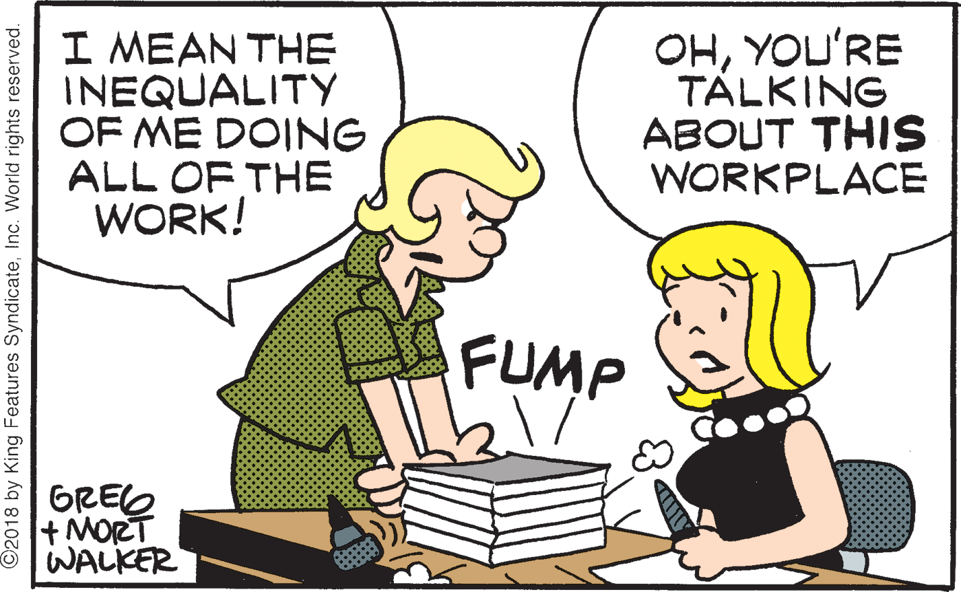 Line OCR: I MEAN THE INEQUALITY OF ME DOING ALL OF THE WORK! OHYOU'RE TÁLKING ABOUT THIS WORKPLACE FUMP GREG + MORT lWALKER ©2018 by King Features SyndicateInc. World rights reserved. I MEAN THE INEQUALITY OF ME DOING ALL OF THE WORK! OHYOU'RE TÁLKING ABOUT THIS WORKPLACE FUMP GREG + MORT lWALKER ©2018 by King Features SyndicateInc. World rights reserved.