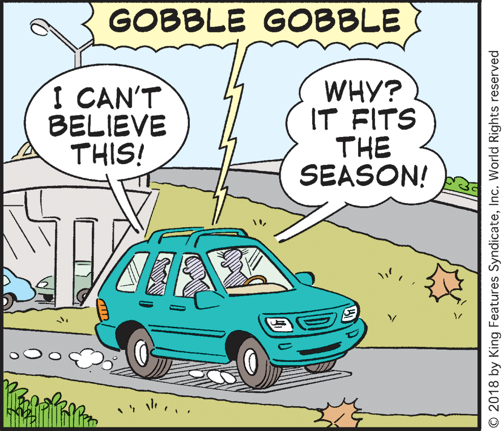 Window OCR: GOBBLE GOBBLE I CAN'T BELIEVE THIS! WHY? IT FITS THE SEASON! O 2018 by King Features SyndicateInc. World Rights reserved GOBBLE GOBBLE I CAN'T BELIEVE THIS! WHY? IT FITS THE SEASON! O 2018 by King Features SyndicateInc. World Rights reserved