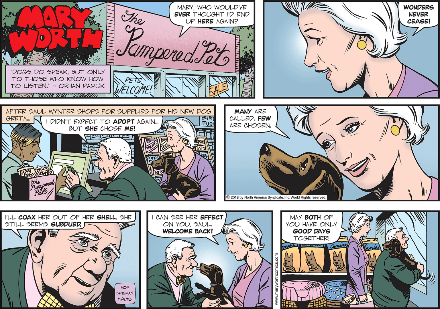 Mammal OCR: CMARY DRTH Jampored Pt WONDERS The MARYWHO WOULD'VE EVER THOUGHT I'D END UP HERE AGAIN? NEVER CEASE! "DOGS DO SPEAKBUT ONLY TO THOSE WHO KNOW HOw TO LISTEN." - ORHAN PAMUK HLELCOMEI PETS AFTER SAUL WYNTER SHOPS FOR SUPPLIES FOR HIS NEW DOG BIR F00 MANY ARE CALLEDFEW ARE CHOSEN. GRETA. KI DIRN'T EXPECT TO ADOPT AGAIN. BUT SHE CHOSE ME! yhe 2018 by North America SyndicateInc. World Rights reserved. I CAN SEE HER EFFECT ON YOUWELCOME BACK! MAY BOTH OF YOU HAVE ONLY GOOD DAYS I'LL COAX HER OUT OF HER SHELLSHE STILL SEEMS SUBDUED. J TOGETHER! MOY BRIGMAN 11/4/18 CMARY DRTH Jampored Pt WONDERS The MARYWHO WOULD'VE EVER THOUGHT I'D END UP HERE AGAIN? NEVER CEASE! "DOGS DO SPEAKBUT ONLY TO THOSE WHO KNOW HOw TO LISTEN." - ORHAN PAMUK HLELCOMEI PETS AFTER SAUL WYNTER SHOPS FOR SUPPLIES FOR HIS NEW DOG BIR F00 MANY ARE CALLEDFEW ARE CHOSEN. GRETA. KI DIRN'T EXPECT TO ADOPT AGAIN. BUT SHE CHOSE ME! yhe 2018 by North America SyndicateInc. World Rights reserved. I CAN SEE HER EFFECT ON YOUWELCOME BACK! MAY BOTH OF YOU HAVE ONLY GOOD DAYS I'LL COAX HER OUT OF HER SHELLSHE STILL SEEMS SUBDUED. J TOGETHER! MOY BRIGMAN 11/4/18