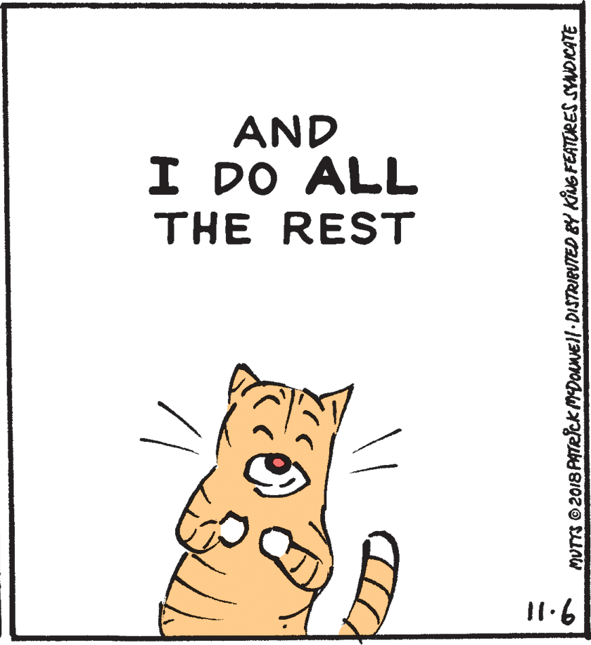 Terrestrial animal OCR: AND I DO ALL THE REST 11.6 MUTTS O2018 PATRickMDONNEll DISTRIBUTED BY KING FEATURES SYNDICATE AND I DO ALL THE REST 11.6 MUTTS O2018 PATRickMDONNEll DISTRIBUTED BY KING FEATURES SYNDICATE