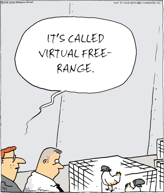 Humour OCR: O018 NIKUSs ERIESSON/BUus DIST. fy KING FEATVRES SYNDICATEING. 17'S CALLED VIRTUAL FREE- RANGE. Nimfa O018 NIKUSs ERIESSON/BUus DIST. fy KING FEATVRES SYNDICATEING. 17'S CALLED VIRTUAL FREE- RANGE. Nimfa