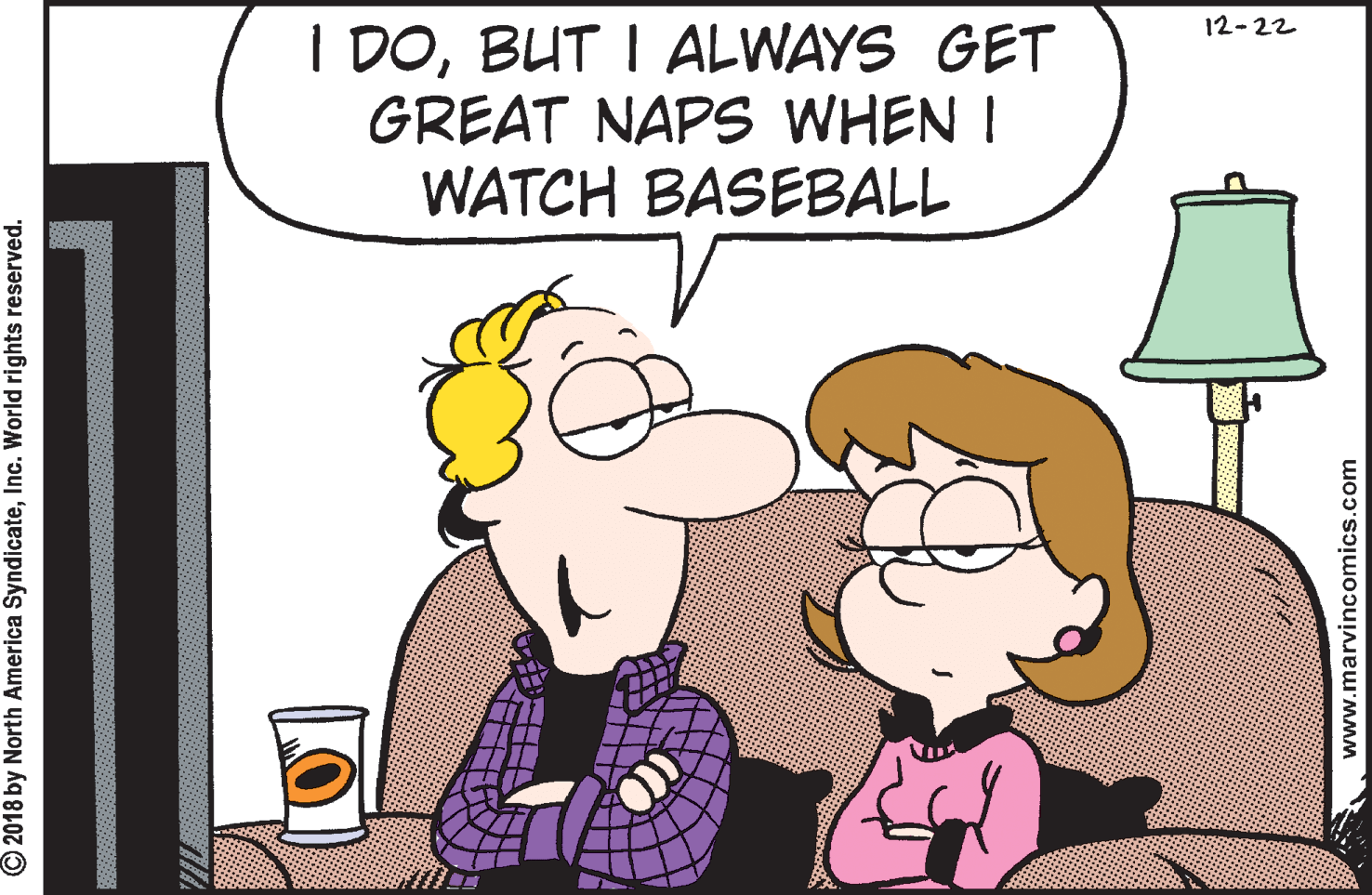 Illustration OCR: I DOBUT I ALWAYS GET GREAT NAPS WHEN I WATCH BASEBALL 12-22 © 2018 by North America SyndicateInc. World rights reserved. www.marvincomics.com I DOBUT I ALWAYS GET GREAT NAPS WHEN I WATCH BASEBALL 12-22 © 2018 by North America SyndicateInc. World rights reserved. www.marvincomics.com