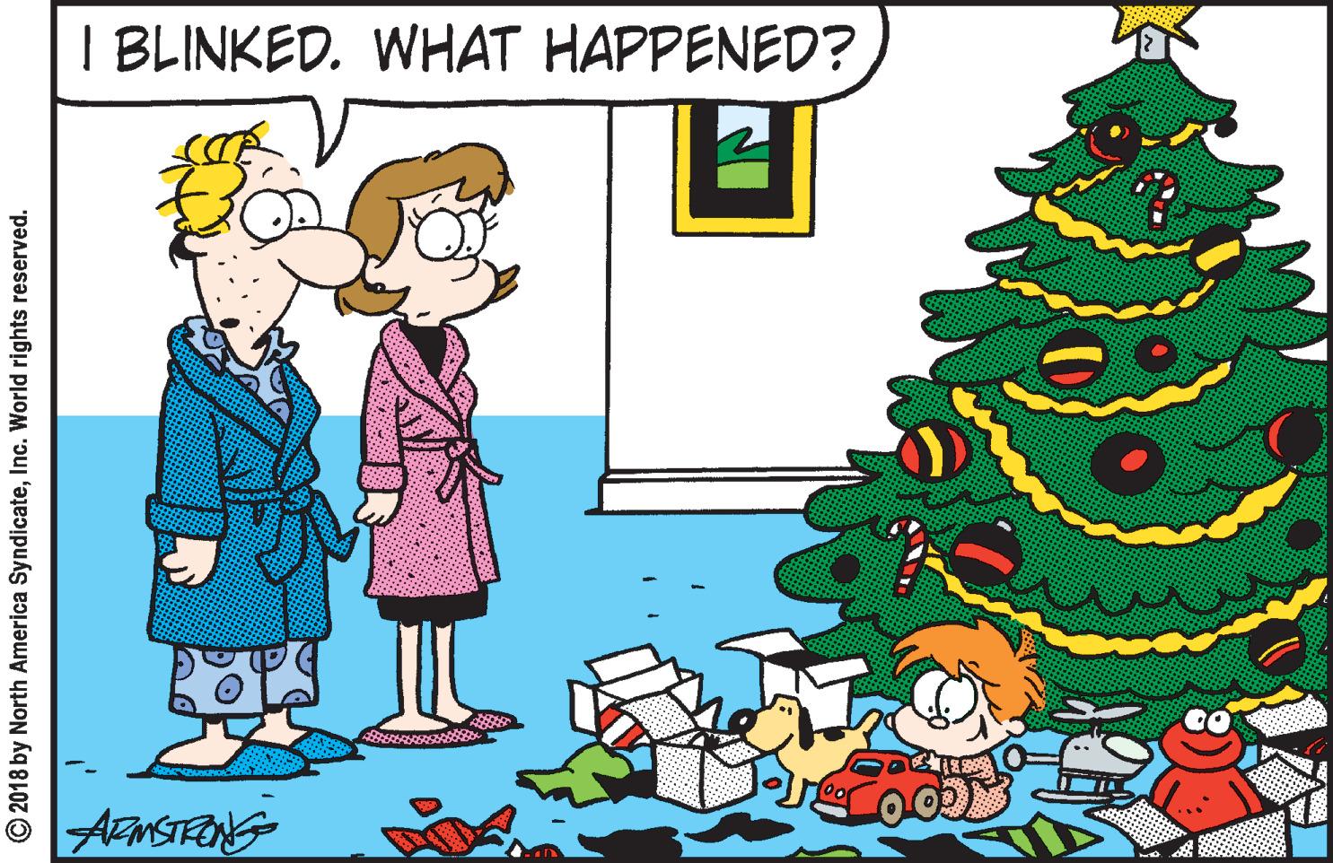 Christmas ornament OCR: I BLINKED. WHAT HAPPENED? TES © 2018 by North America SyndicateInc. World rights reserved. I BLINKED. WHAT HAPPENED? TES © 2018 by North America SyndicateInc. World rights reserved.