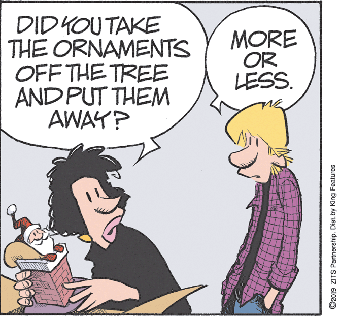 Animation OCR: DID KOUTAKE THE ORNAMENTS OFF THE TREE AND PUT THEM AWAY? MORE OR LESS. ©2019 ZITS Partnership. Dist. by King Features DID KOUTAKE THE ORNAMENTS OFF THE TREE AND PUT THEM AWAY? MORE OR LESS. ©2019 ZITS Partnership. Dist. by King Features