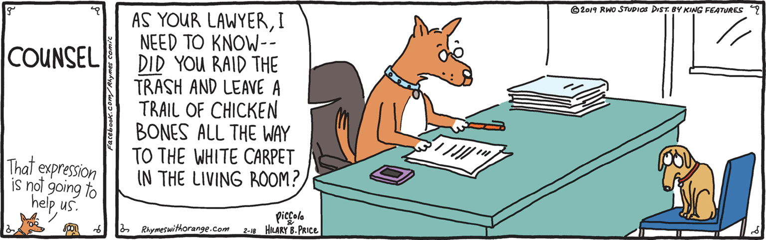 Dog breed OCR: ©2019 RWo STUDIOS DIST. BY KING FEATURES AS YOUR LAWYERI NEED TO KNOW-- DID YOU RAID THE TRASH AND LEAVE A TRAIL OF CHICKEN BONES ALL THE WAY TO THE WHITE CARPET IN THE LIVING ROOM? COUNSEL That expression is not going to help us. 2 Rhymeswithorange.com picolo 2-18 HILARY B. PRIce ©2019 RWo STUDIOS DIST. BY KING FEATURES AS YOUR LAWYERI NEED TO KNOW-- DID YOU RAID THE TRASH AND LEAVE A TRAIL OF CHICKEN BONES ALL THE WAY TO THE WHITE CARPET IN THE LIVING ROOM? COUNSEL That expression is not going to help us. 2 Rhymeswithorange.com picolo 2-18 HILARY B. PRIce