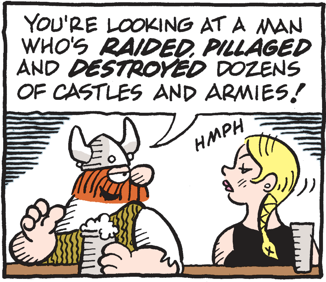 Line OCR: YOU'RE LOOKING AT A MAN WHO'S RAIDEDPILLAGED AND DESTROYED DOZENS OF CASTLES AND ARMIES! HMPH YOU'RE LOOKING AT A MAN WHO'S RAIDEDPILLAGED AND DESTROYED DOZENS OF CASTLES AND ARMIES! HMPH