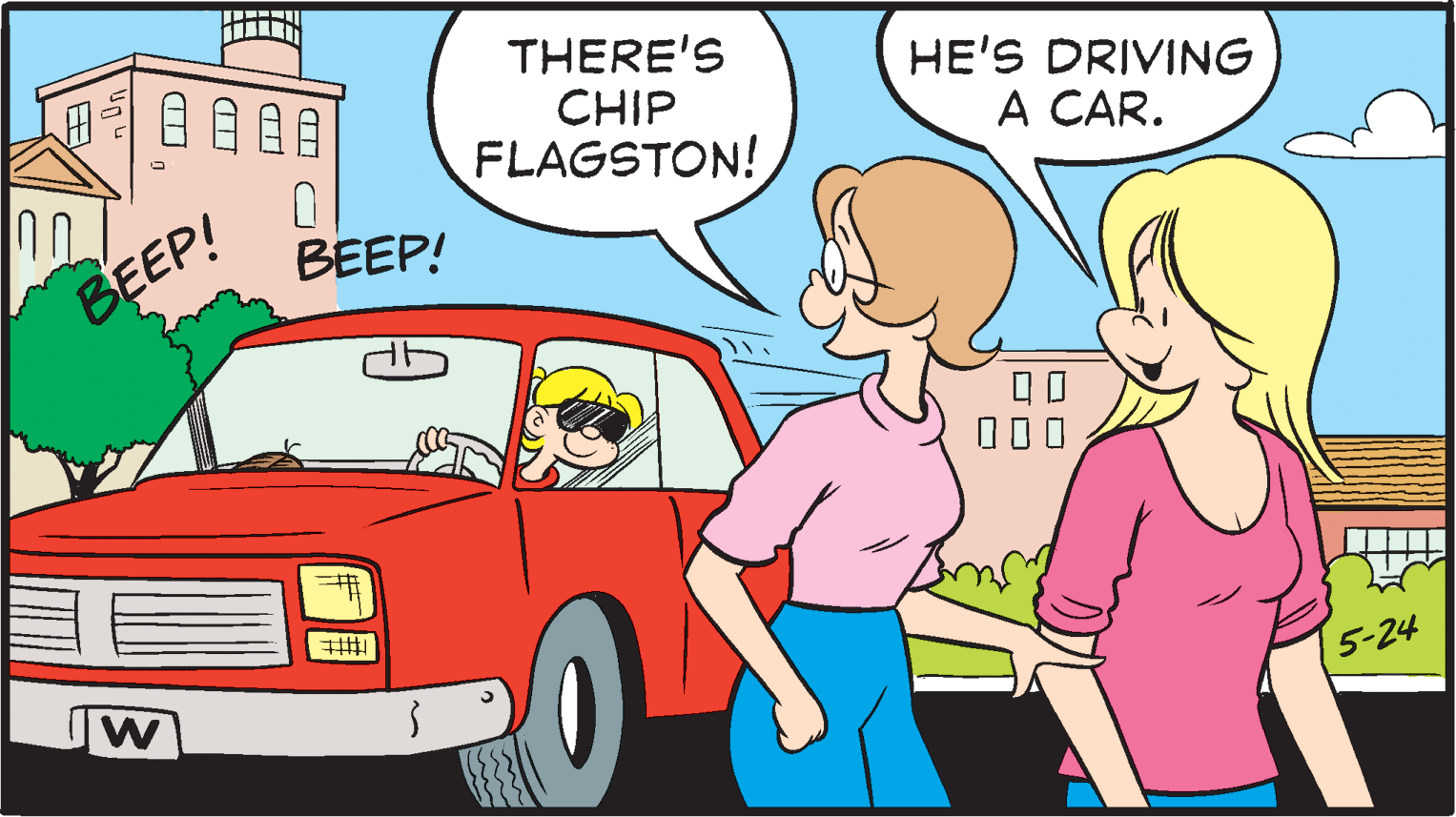 Mode of transport OCR: THERE'S CHIP FLAGSTON! ????? HE'S DRIVING A CAR. ????! BEEP! 000 W 5-24 THERE'S CHIP FLAGSTON! ? ? ? ? ? HE'S DRIVING A CAR. ????! BEEP! 000 W 5-24