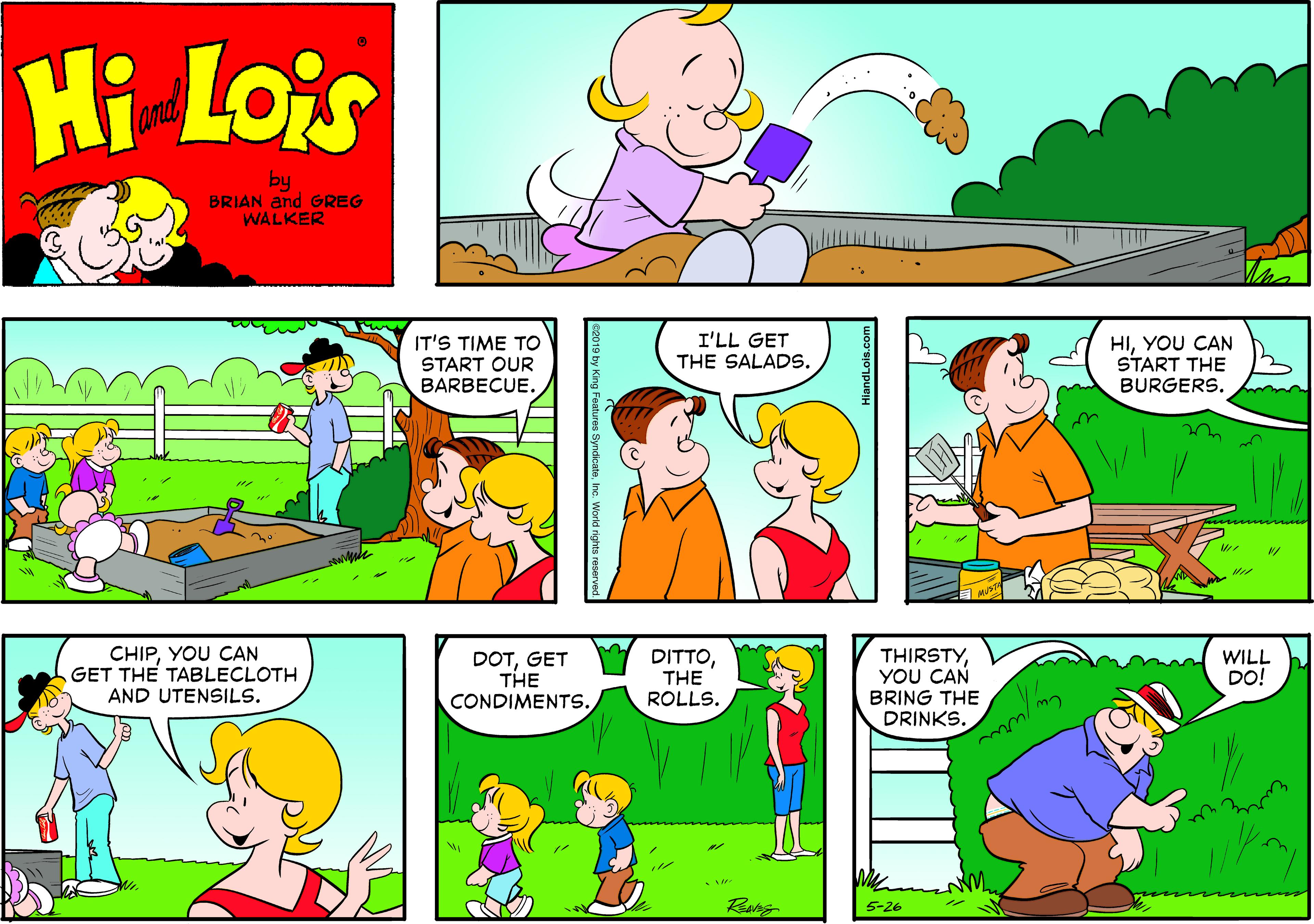 Yellow OCR: Hi Lois and by BRIAN and GREG WALKER IT'S TIME TO START OUR BARBECUE. I'LL GET THE SALADS. HIYOU CAN START THE BURGERS. CHIPYOU CAN GET THE TABLECLOTH DOTGET THE CONDIMENTS. DITTOTHE ROLLS. THIRSTYYOU CAN BRING THE DRINKS. WILL DO! AND UTENSILS. Rarg 5-26 Hi Lois and by BRIAN and GREG WALKER IT'S TIME TO START OUR BARBECUE. I'LL GET THE SALADS. HIYOU CAN START THE BURGERS. CHIPYOU CAN GET THE TABLECLOTH DOTGET THE CONDIMENTS. DITTOTHE ROLLS. THIRSTYYOU CAN BRING THE DRINKS. WILL DO! AND UTENSILS. Rarg 5-26