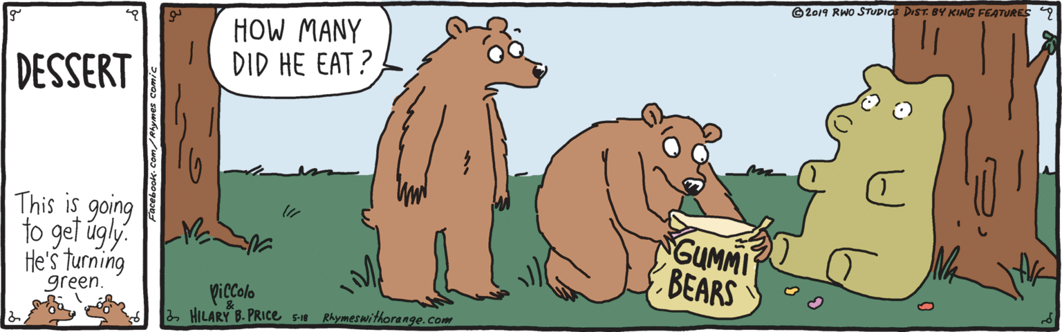 Rectangle OCR: ©2019 RWO STUDIO DIST BY KING FEATURES 9 HOW MANY DID HE EAT? DESSERT going to get úgly. Ve. This is GUMMI BEARS He's turning green. ViCColo 2 HILARY B. PRICE 5-1 Rhymeswithorange. com ©2019 RWO STUDIO DIST BY KING FEATURES 9 HOW MANY DID HE EAT? DESSERT going to get úgly. Ve. This is GUMMI BEARS He's turning green. ViCColo 2 HILARY B. PRICE 5-1 Rhymeswithorange. com