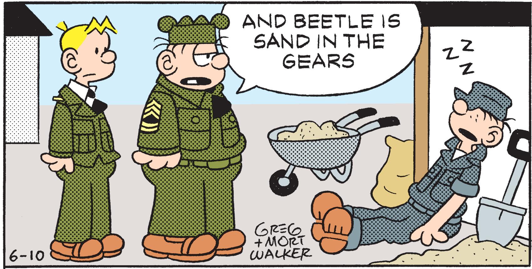 Animated cartoon OCR: AND BEETLE IS SAND IN THE GEARS GREG + MORT WALKER 6-10 AND BEETLE IS SAND IN THE GEARS GREG + MORT WALKER 6-10