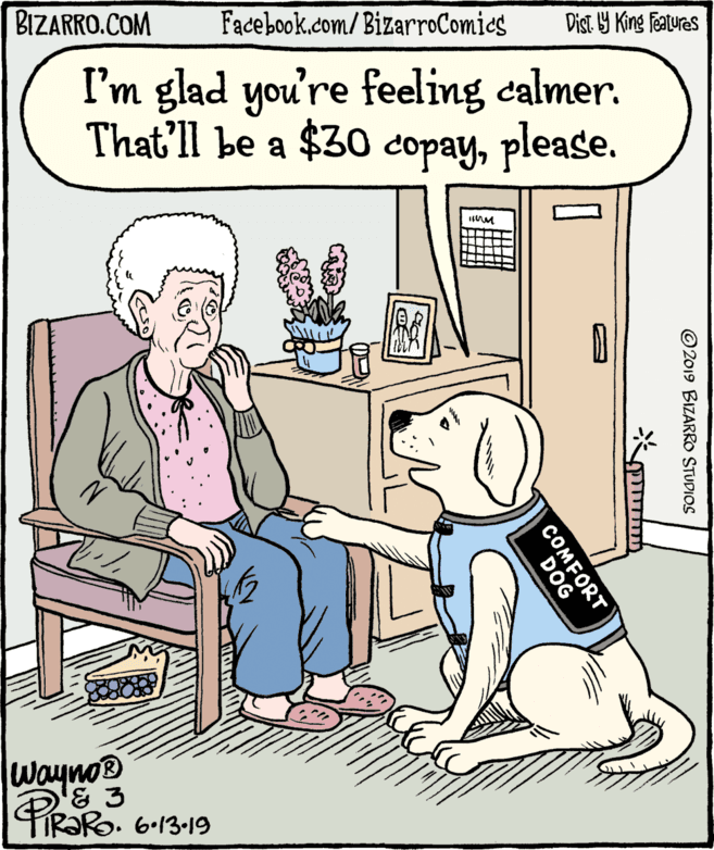 Fiction OCR: BIZARRO.COM Facebook.com/ BizarroComics Dist 9 King fFeatures I'm glad you're feeling calmer. Thatll be a $30 copayplease. waynos IR?RO. 6.13-19 ©2019 BIZARRO STUDIOS COMFORT DOG BIZARRO.COM Facebook.com/ BizarroComics Dist 9 King fFeatures I'm glad you're feeling calmer. Thatll be a $30 copayplease. waynos IR?RO. 6.13-19 ©2019 BIZARRO STUDIOS COMFORT DOG