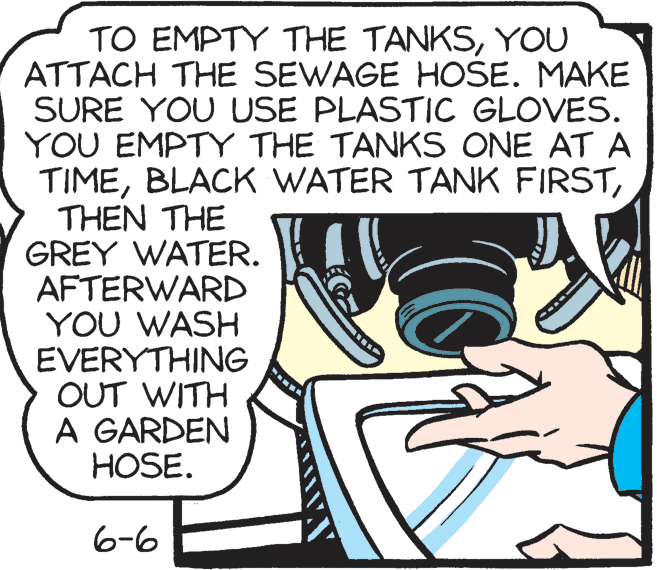 Line art OCR: TO EMPTY THE TANKSYOU ATTACH THE SEWAGE HOSE. MAKE SURE YOU USE PLASTIC GLOVES. YOU EMPTY THE TANKS ONE AT A TIMETHEN THE GREY WATER. AFTERWARD YOU WASH EVERYTHING OUT WITH A GARDEN HOSE. 6-6 TO EMPTY THE TANKSYOU ATTACH THE SEWAGE HOSE. MAKE SURE YOU USE PLASTIC GLOVES. YOU EMPTY THE TANKS ONE AT A TIMEBLACK WATER TANK FIRSTTHEN THE GREY WATER. AFTERWARD YOU WASH EVERYTHING OUT WITH A GARDEN HOSE. 6-6