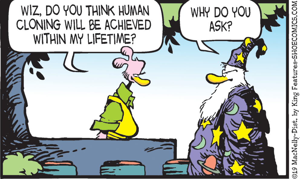 Conversation OCR: WIZDO YOU THINK HUMAN CLONING WILL BE ACHIEVED WITHIN MY LIFETIME? WHY DO YOU ASK? O19 MacNelly-Dist. by King Features-SHOECOMICS.COM WIZDO YOU THINK HUMAN CLONING WILL BE ACHIEVED WITHIN MY LIFETIME? WHY DO YOU ASK? O19 MacNelly-Dist. by King Features-SHOECOMICS.COM