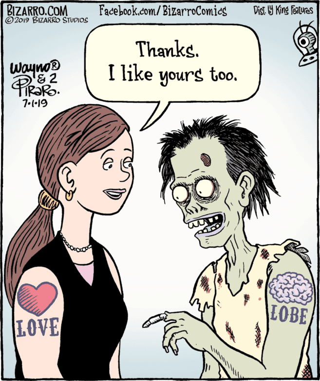 Chest OCR: BIZARRO.COM © 2019 BIZARRO STUDIOS Facebook.com/BizarroComics Dist Y King Fatures Thanks. Wayno® & 2 I like yours too. 7.l19 LOBE LOVE BIZARRO.COM © 2019 BIZARRO STUDIOS Facebook.com/BizarroComics Dist Y King Fatures Thanks. Wayno® & 2 I like yours too. 7.l19 LOBE LOVE