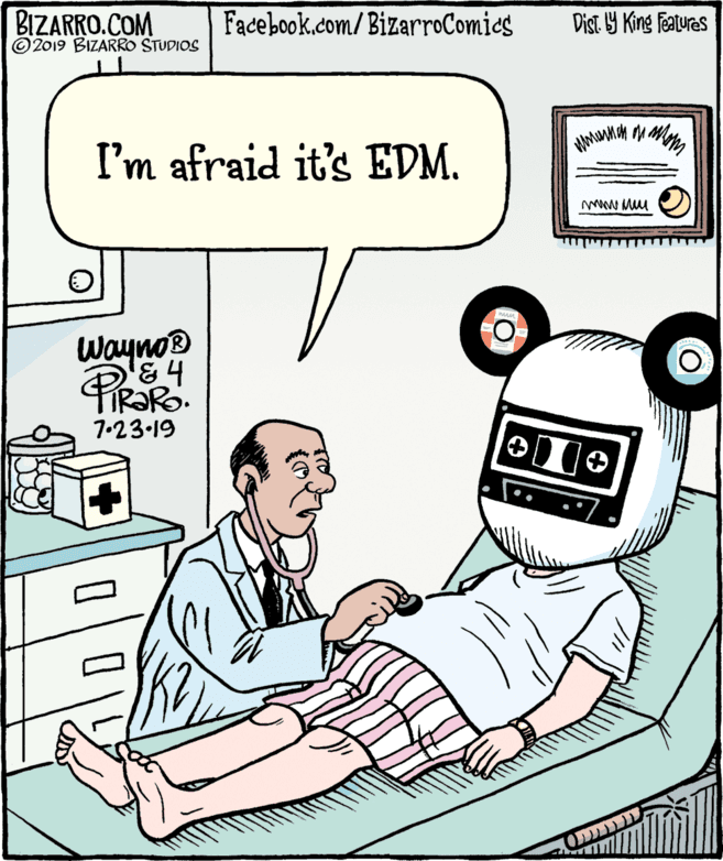 Comfort OCR: BIZARRO.COM © 2019 BIZARRO STUDIOS Facebook.com/BizarroComics Dist 9 King features I'm afraid it's EDM. Wayno® 1.23.19 BIZARRO.COM © 2019 BIZARRO STUDIOS Facebook.com/BizarroComics Dist 9 King features I'm afraid it's EDM. Wayno® 1.23.19