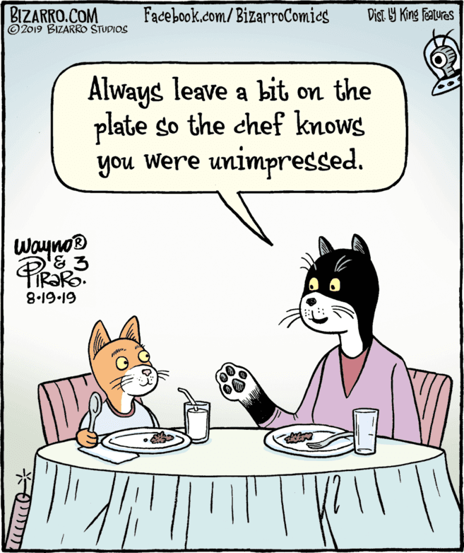 Fictional character OCR: BIZARRO.COM © 2019 BIZARRO STUDIOS Facebook.com/BizarroComics Dist Y King Features Always leave a bit on the plate so the chef knows you Were unimpressed. Wayno® 61.61-8 ter. BIZARRO.COM © 2019 BIZARRO STUDIOS Facebook.com/BizarroComics Dist Y King Features Always leave a bit on the plate so the chef knows you Were unimpressed. Wayno® 61.61-8 ter.