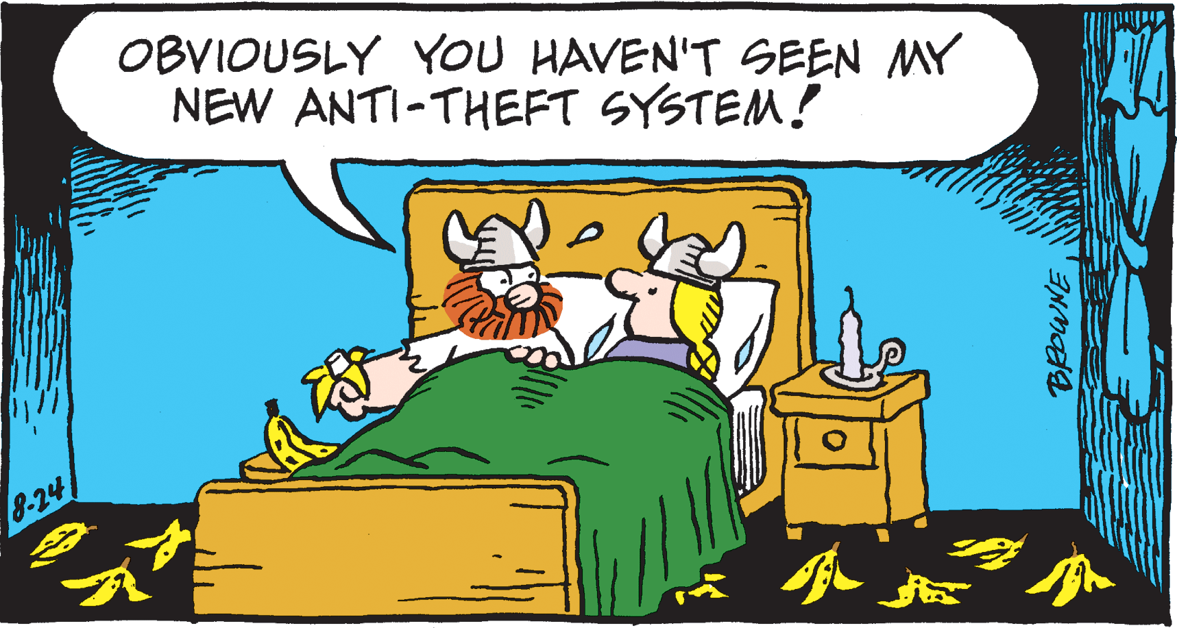 Bed sheet OCR: OBVIOUSLY YOU HAVEN'T SEEN MY NEW ANTI-THEFT SYSTEM! 8-24 OBVIOUSLY YOU HAVEN'T SEEN MY NEW ANTI-THEFT SYSTEM! 8-24