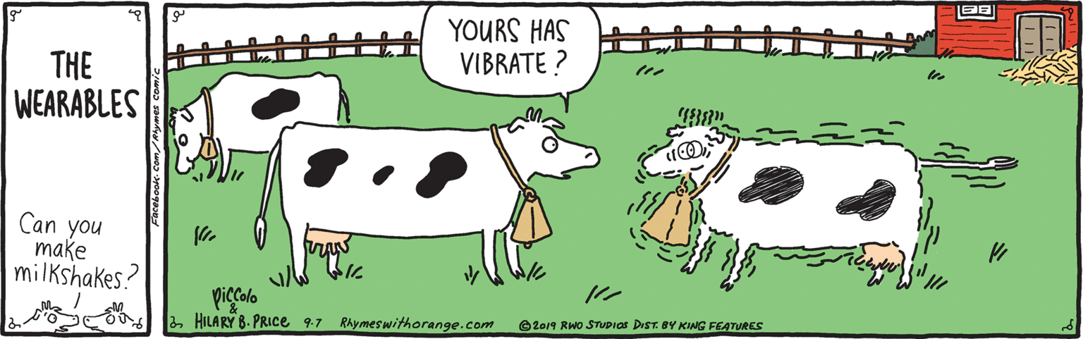 Snout OCR: YOURS HAS VIBRATE ? THE WEARABLES Can you make milkshakes? piccolo 2 HILARY B. PRICe 9-7 RAymeswithorange.com O2019 RWo STUDIas DIST. BY KING FEATURES YOURS HAS VIBRATE ? THE WEARABLES Can you make milkshakes? piccolo 2 HILARY B. PRICe 9-7 RAymeswithorange.com O2019 RWo STUDIas DIST. BY KING FEATURES