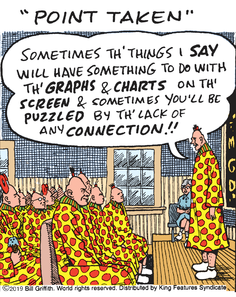 Event OCR: POINT TAKEN" SOMETIMES TH'THINGS I SAY WILL HAVE SOMETHING TO DO WITH TH' GRAPHS & CHARTS ON TH' SCREEN & SOMETIMES YOU'LL BE PUZZLED BY TH' LACK OF ANY CONNECTION!! ©2019 Bill Griffith. World rights reserved. Distributed by King Features Syndicate POINT TAKEN" SOMETIMES TH'THINGS I SAY WILL HAVE SOMETHING TO DO WITH TH' GRAPHS & CHARTS ON TH' SCREEN & SOMETIMES YOU'LL BE PUZZLED BY TH' LACK OF ANY CONNECTION!! ©2019 Bill Griffith. World rights reserved. Distributed by King Features Syndicate