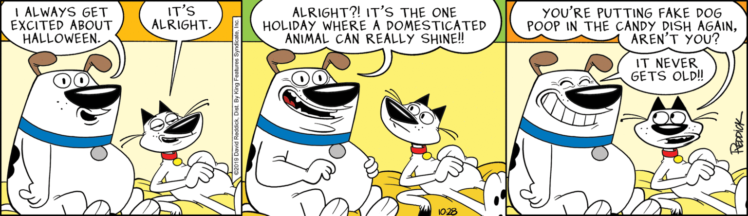 Font OCR: I ALWAYS GET EXCITED ABOUT HALLOWEEN. IT'S ALRIGHT. ALRIGHT?! IT'S THE ONE HOLIDAY WHERE A DOMESTICATED ANIMAL CAN REALLY SHINE! YOU'RE PUTTING FAKE DOG POOP IN THE CANDY DISH AGAINAREN'T YOU? IT NEVER GETS OLD! 1028 2019 Dawd ReddickInc I ALWAYS GET EXCITED ABOUT HALLOWEEN. IT'S ALRIGHT. ALRIGHT?! IT'S THE ONE HOLIDAY WHERE A DOMESTICATED ANIMAL CAN REALLY SHINE! YOU'RE PUTTING FAKE DOG POOP IN THE CANDY DISH AGAINAREN'T YOU? IT NEVER GETS OLD! 1028 2019 Dawd ReddickDiat By King Foatures Syndlente