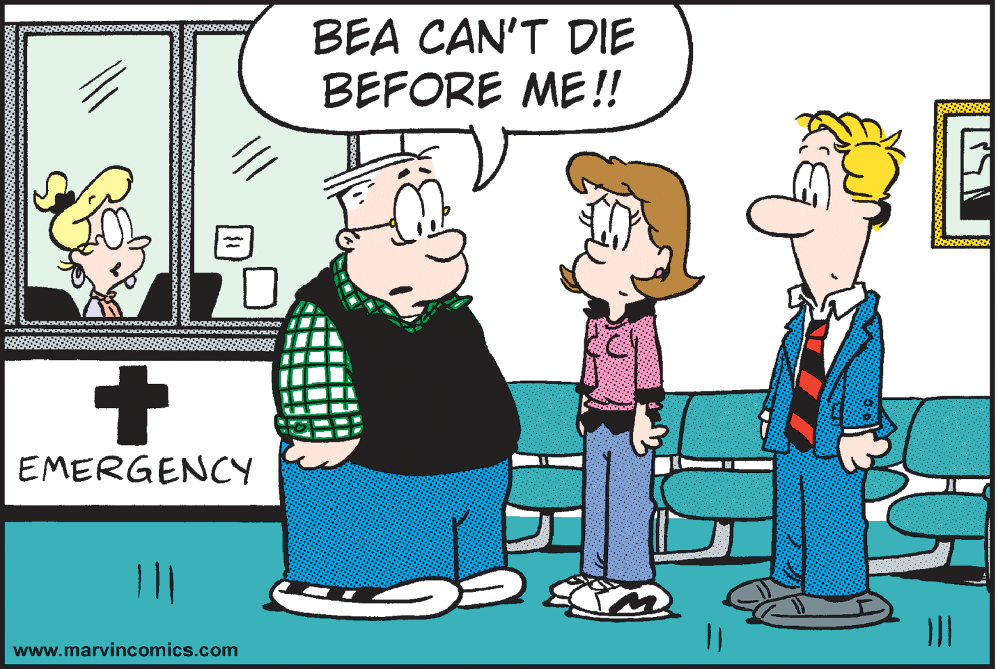 People OCR: BEA CAN'T DIE BEFORE ME!! EMERGENCY www.marvincomics.com BEA CAN'T DIE BEFORE ME!! EMERGENCY www.marvincomics.com