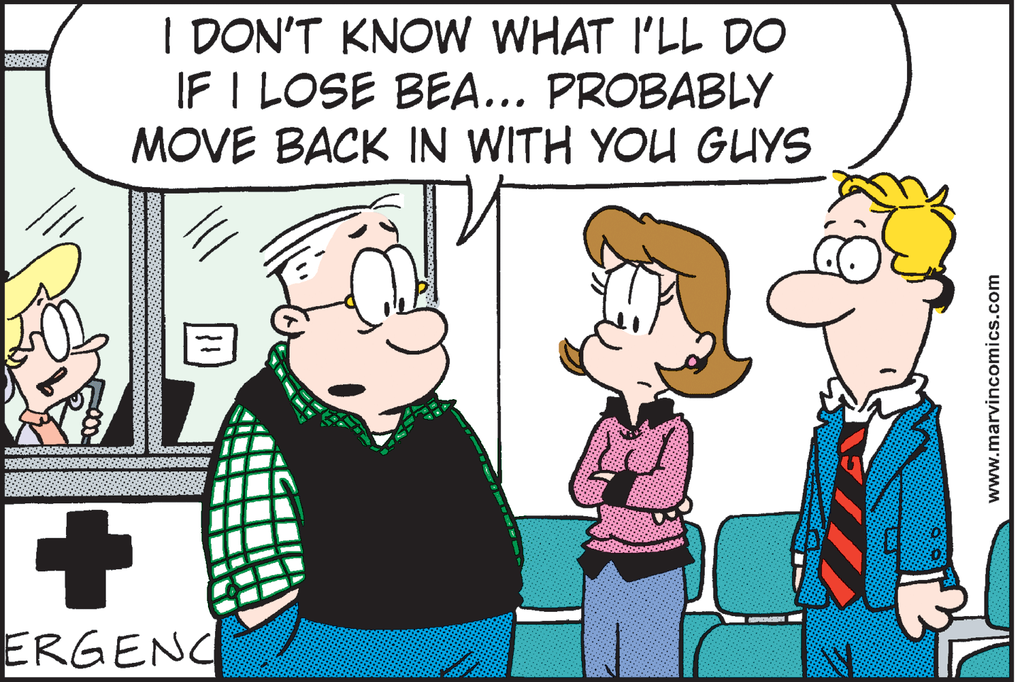 Fictional character OCR: I DON'T KNOW WHAT I'LL DO IF I LOSE BEA... PROBABLY MOVE BACK IN WITH YOU GUYS ERGENC www.marvincomics.com I DON'T KNOW WHAT I'LL DO IF I LOSE BEA... PROBABLY MOVE BACK IN WITH YOU GUYS ERGENC www.marvincomics.com