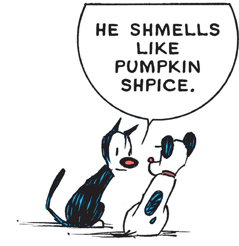 Drawing OCR: HE SHMELLS LIKE PUMPKIN SHPICE. HE SHMELLS LIKE PUMPKIN SHPICE.
