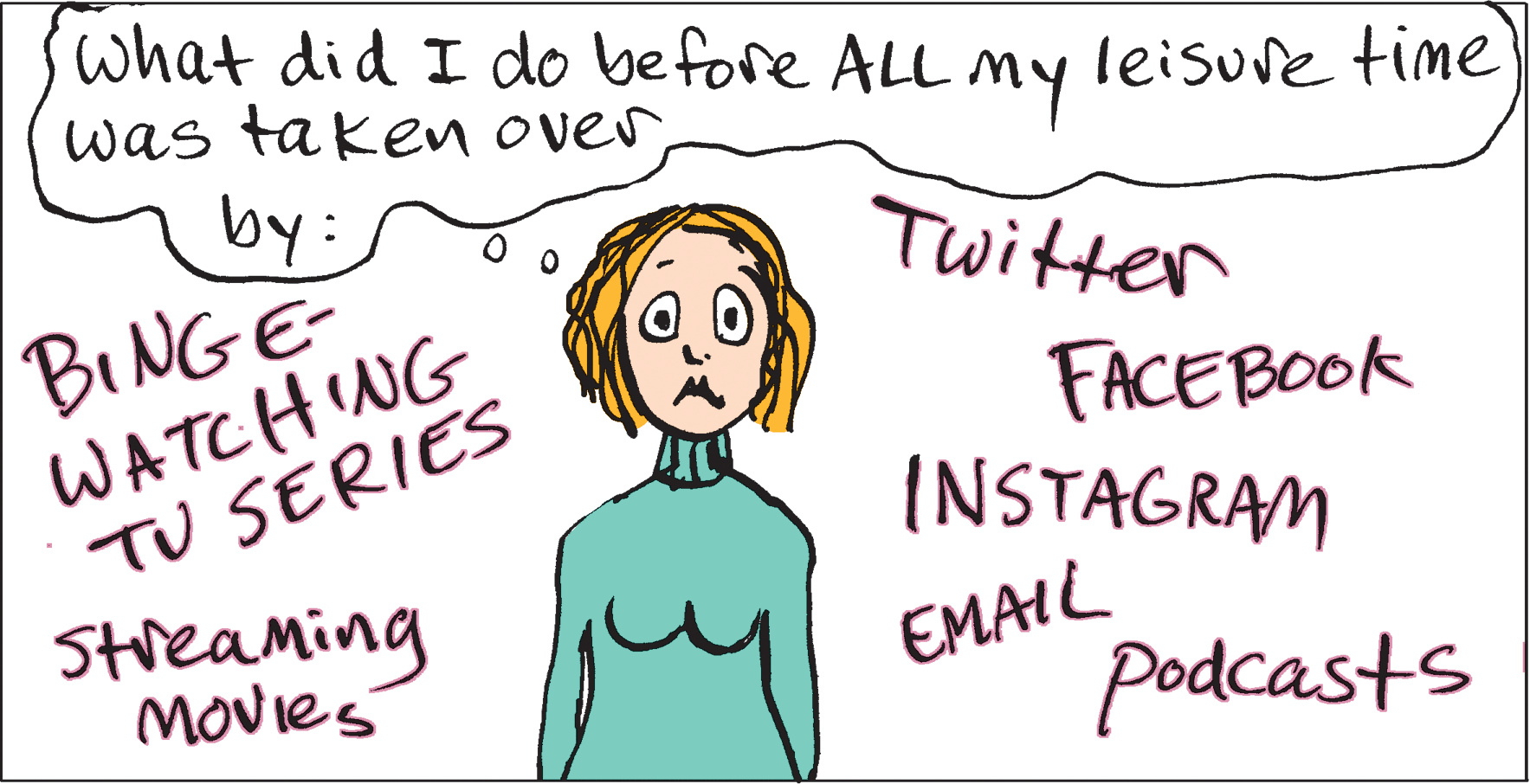 Cartoon OCR: what did I do before ALL My was taken over leisure time by: Twitter BINGE- WATCH NG TU SERIES FACEBOOK (NSTAGRAM Streaming Movies EMAIL Podcasts what did I do before ALL My was taken over leisure time by: Twitter BINGE- WATCH NG TU SERIES FACEBOOK (NSTAGRAM Streaming Movies EMAIL Podcasts