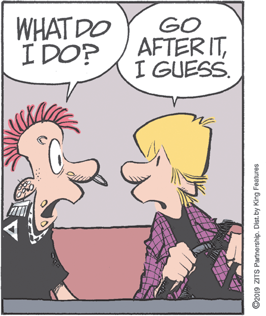 Poster OCR: WHAT DO I DO? GO AFTER ITI GUESS. ©2019 ZITS Partnership. Dist. by King Features WHAT DO I DO? GO AFTER ITI GUESS. ©2019 ZITS Partnership. Dist. by King Features
