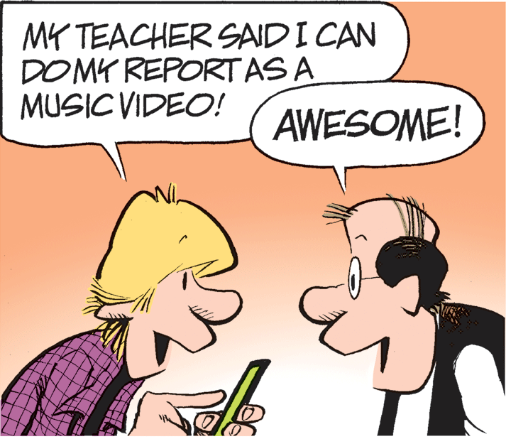 Animated cartoon OCR: MY TEACHER SAID I CAN DOMY REPORTAS A MUSIC VIDEO! AWESOME! MY TEACHER SAID I CAN DOMY REPORTAS A MUSIC VIDEO! AWESOME!