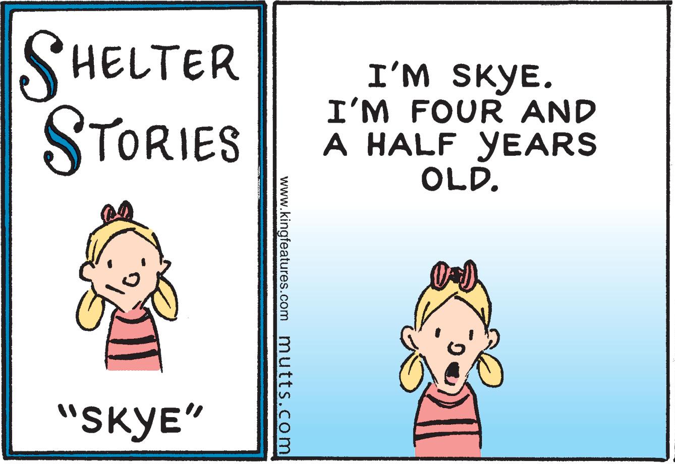 Humour OCR: SHELTER STORIES I'M SKYE. I'M FOUR AND A HALF YEARS OLD. "SKYE" www.kingfeatures.com mutts.com SHELTER STORIES I'M SKYE. I'M FOUR AND A HALF YEARS OLD. "SKYE" www.kingfeatures.com mutts.com