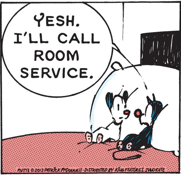 Whiskers OCR: YESH. I'LL CALL ROOM SERVICE. MUTTS 2013 PATeiCKMDOANE!ll DISTRIBUTED BY KS FEATORES SYANDCATE YESH. I'LL CALL ROOM SERVICE. MUTTS 2013 PATeiCKMDOANE!ll DISTRIBUTED BY KS FEATORES SYANDCATE