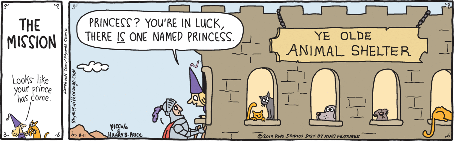 Animation OCR: THE MISSION PRINCESS ? YOU'RE IN LUCKTHERE IS ONE NAMED PRINCESS. YE OLDE ANIMAL SHELTER Looks like your prince has come. piccolo HILARY 8. PRICE ©2019 RWo STUDIOS DIST. BY KING FEATURES THE MISSION PRINCESS ? YOU'RE IN LUCKTHERE IS ONE NAMED PRINCESS. YE OLDE ANIMAL SHELTER Looks like your prince has come. piccolo HILARY 8. PRICE ©2019 RWo STUDIOS DIST. BY KING FEATURES