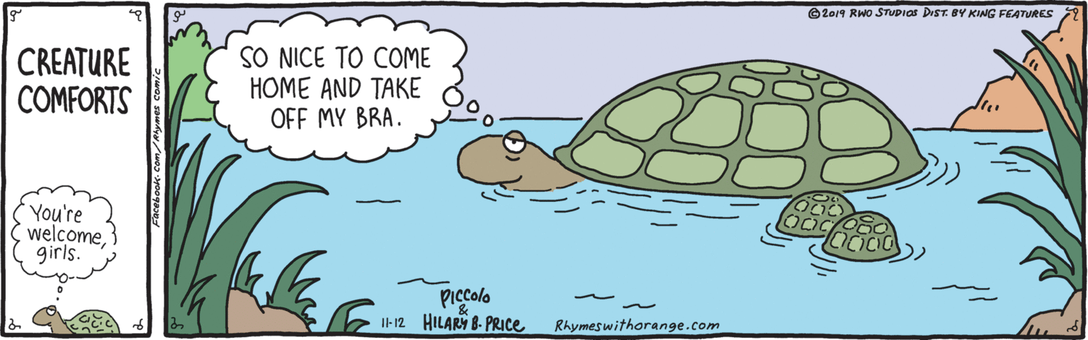 World OCR: ©2019 RWo STUDIOS DIST. BY KING FEATURES CREATURE COMFORTS SO NICE TO COME HOME AND TAKE OFF MY BRA. You're welcomegirls. Piccolo Il-12 HILARY B- PRICE Rhymeswithorange.com ©2019 RWo STUDIOS DIST. BY KING FEATURES CREATURE COMFORTS SO NICE TO COME HOME AND TAKE OFF MY BRA. You're welcomegirls. Piccolo Il-12 HILARY B- PRICE Rhymeswithorange.com